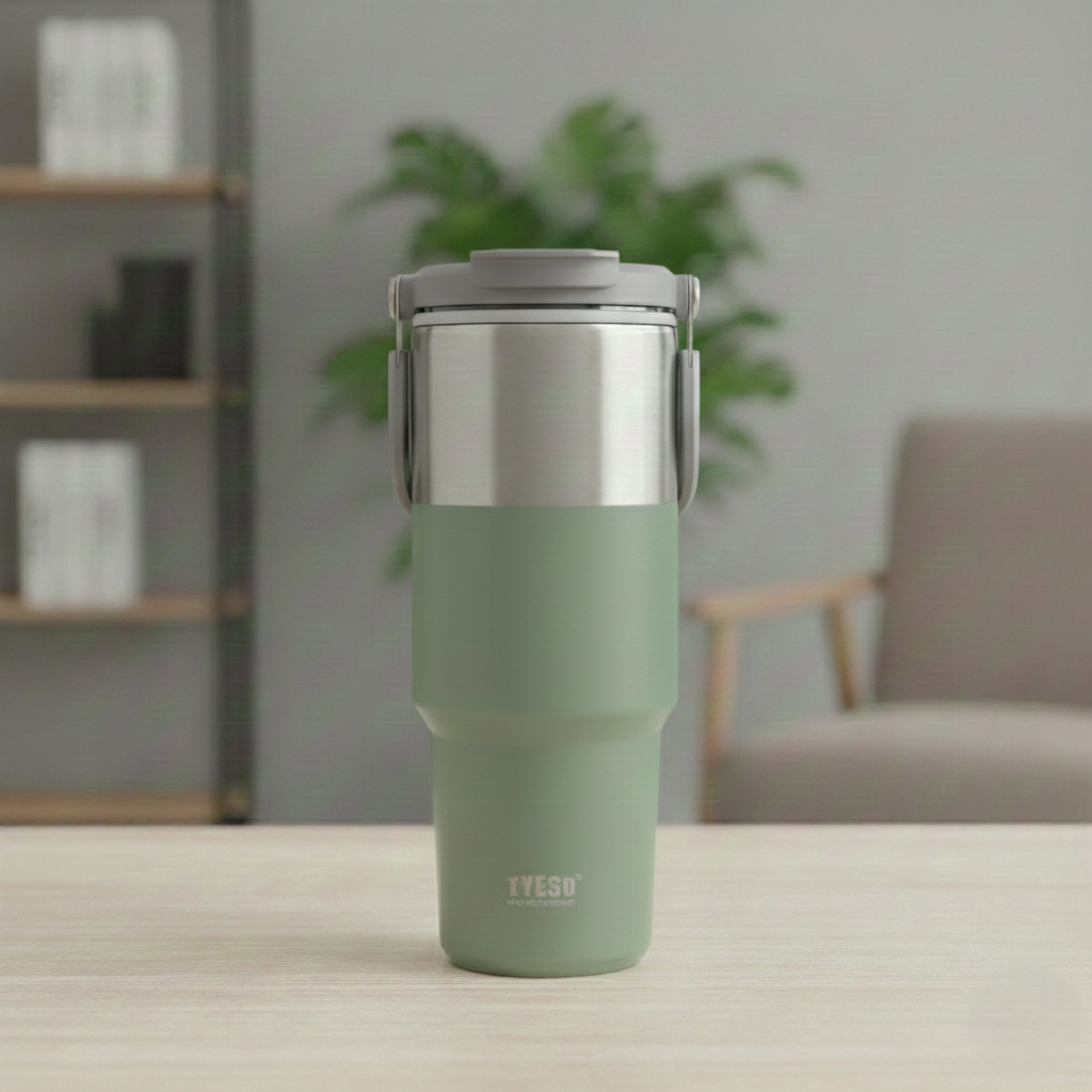 TYESO 900 ml Double‑Wall Stainless Steel Thermo Bottle, Vacuum Insulated Coffee/Water Cup, Hot & Cold Travel Mug, Cupholder‑Friendly