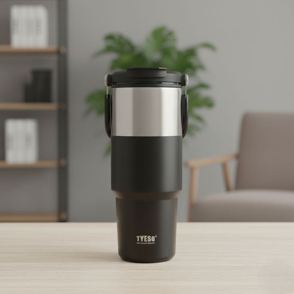 TYESO 900 ml Double‑Wall Stainless Steel Thermo Bottle, Vacuum Insulated Coffee/Water Cup, Hot & Cold Travel Mug, Cupholder‑Friendly