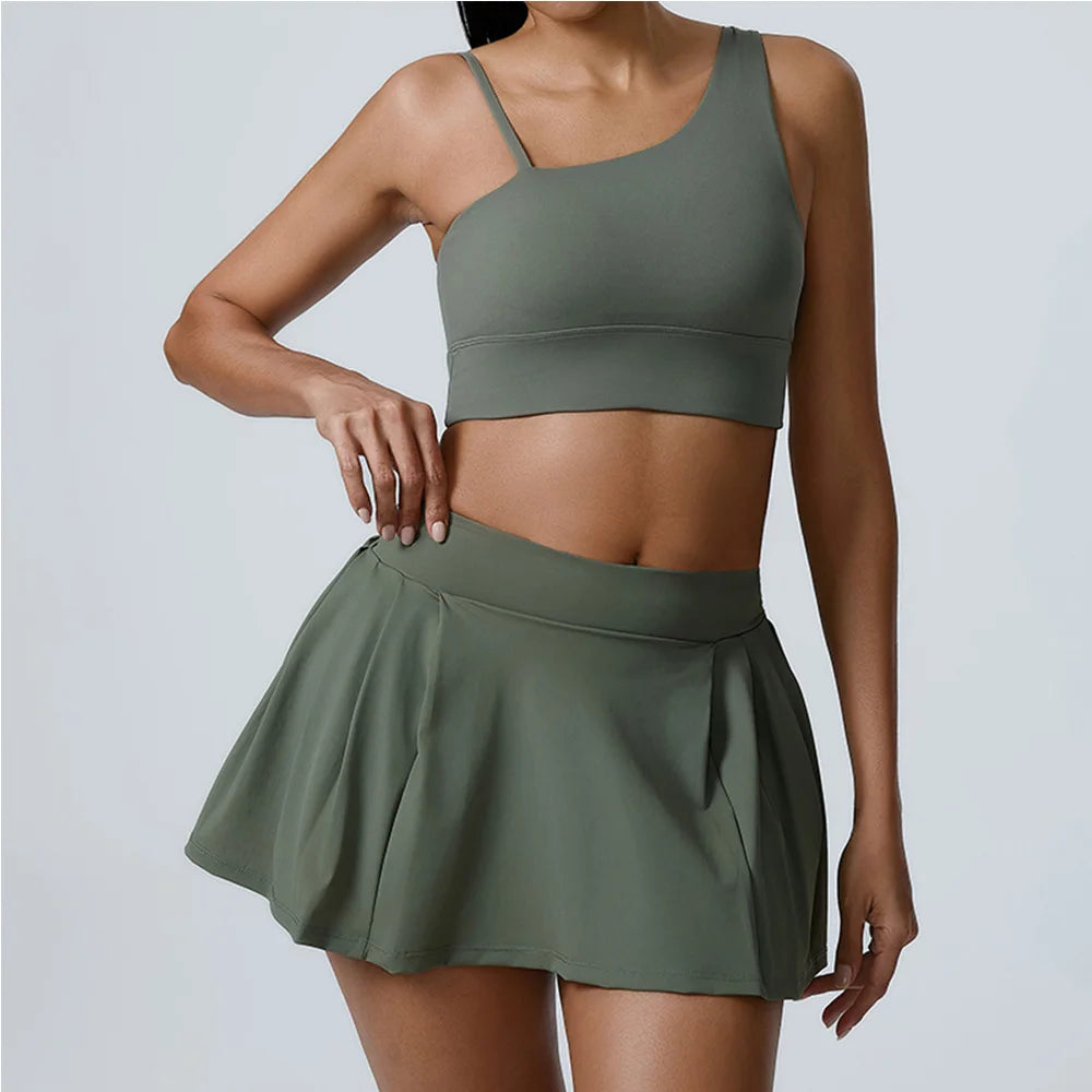 Velmora Activewear Set, Sleeveless Fitness Bra Top + Athletic Skirt Shorts, Breathable Stretch Yoga Suit