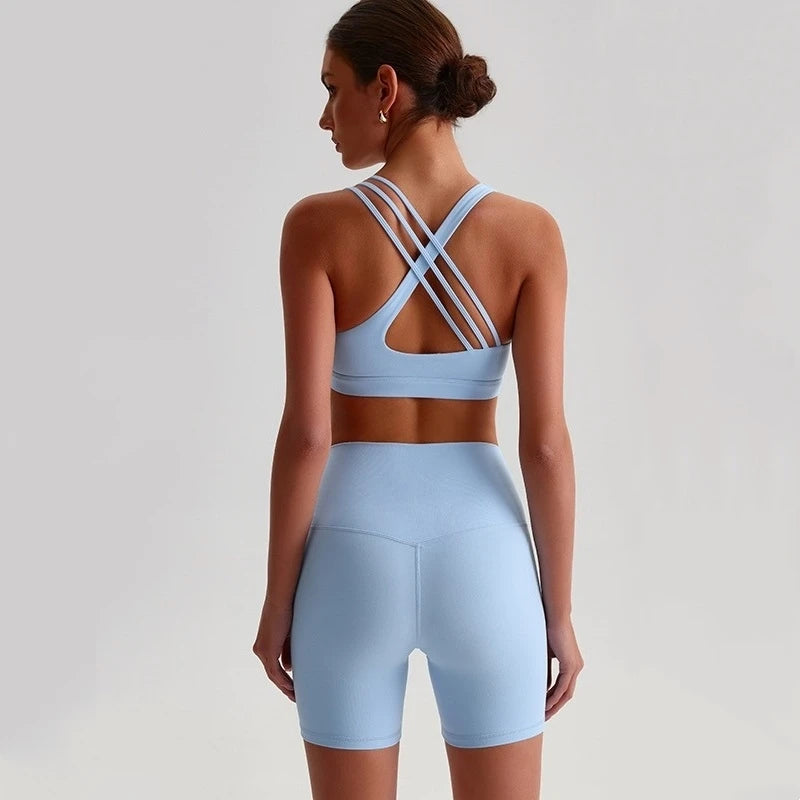 StrideCore Women’s 2-Piece Yoga Set – Cross-Strap Sports Bra Top with High-Waist Shorts, Gym Running Workout Activewear