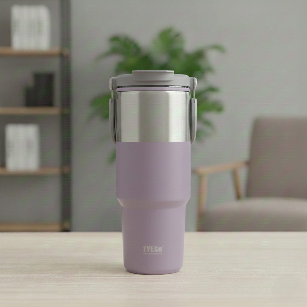 TYESO 900 ml Double‑Wall Stainless Steel Thermo Bottle, Vacuum Insulated Coffee/Water Cup, Hot & Cold Travel Mug, Cupholder‑Friendly