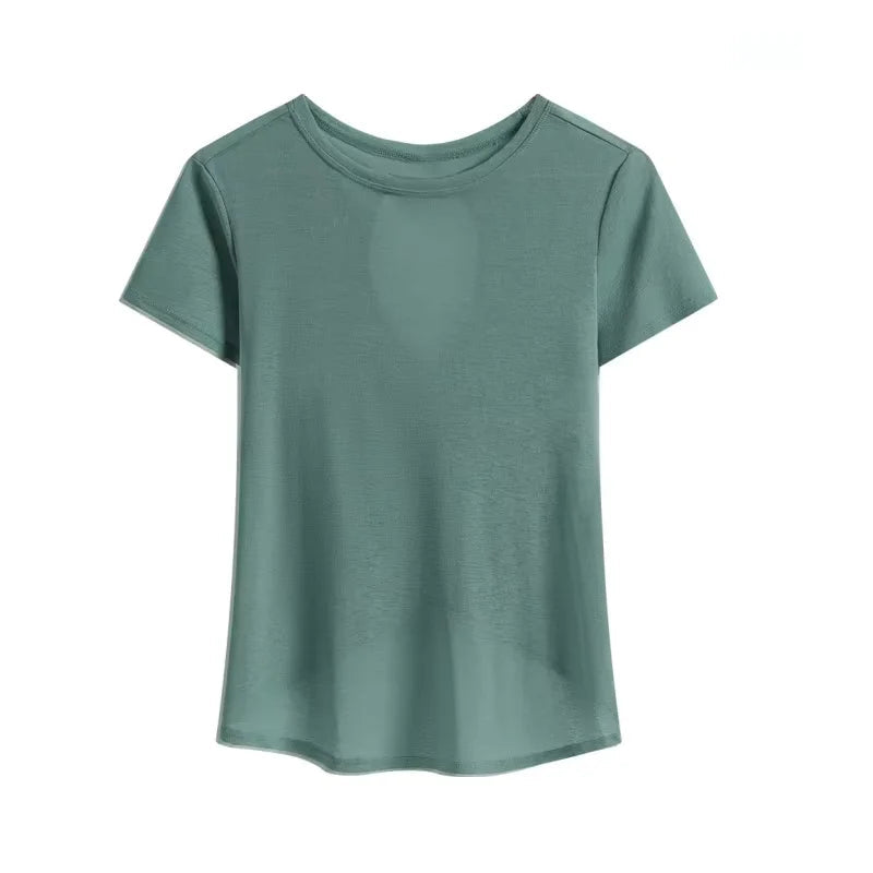 BRYN Women’s Summer Workout T‑Shirt, Short Sleeve Quick‑Dry Gym & Running Top, Back Cross Hollow Yoga Wear