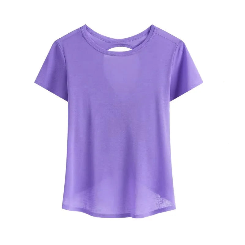 BRYN Women’s Summer Workout T‑Shirt, Short Sleeve Quick‑Dry Gym & Running Top, Back Cross Hollow Yoga Wear