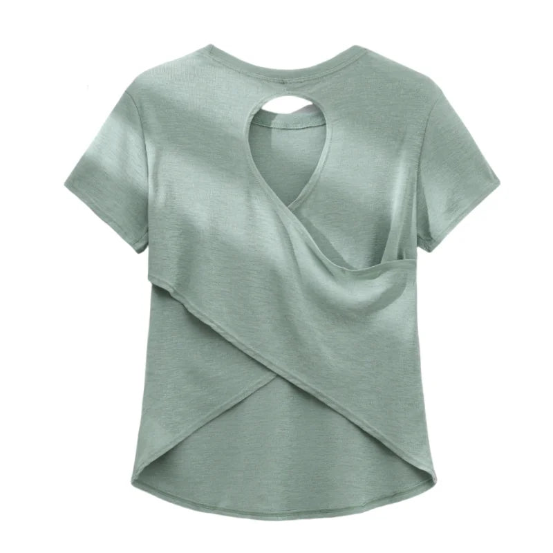 BRYN Women’s Summer Workout T‑Shirt, Short Sleeve Quick‑Dry Gym & Running Top, Back Cross Hollow Yoga Wear